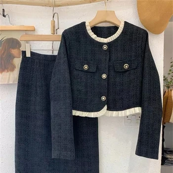 Conjunto de dos piezas con Clip de fragancia para mujer, abrigo de Tweed con costuras en las orejas de madera de algodón, falda, traje Retro, abrigo de lana de un solo pecho, sobrefalda