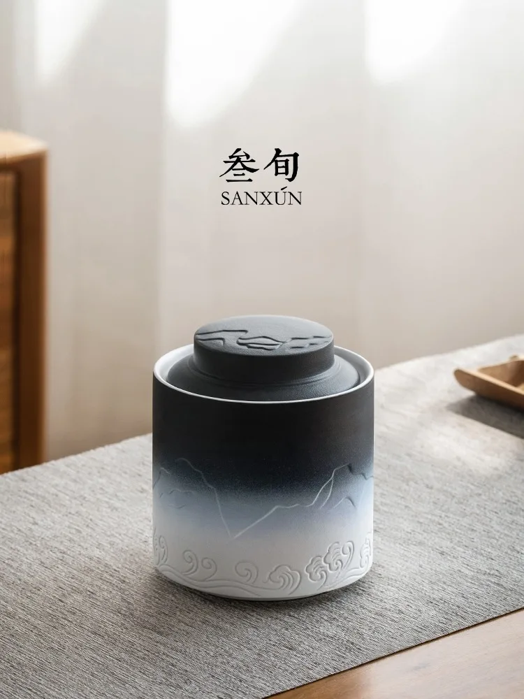 Sanxun Shanhaiguan Tea Jar Household Tea Storage Jar Moisture proof Ornament Tea Set Ceramic Large Sealed Jar Gift Box Set