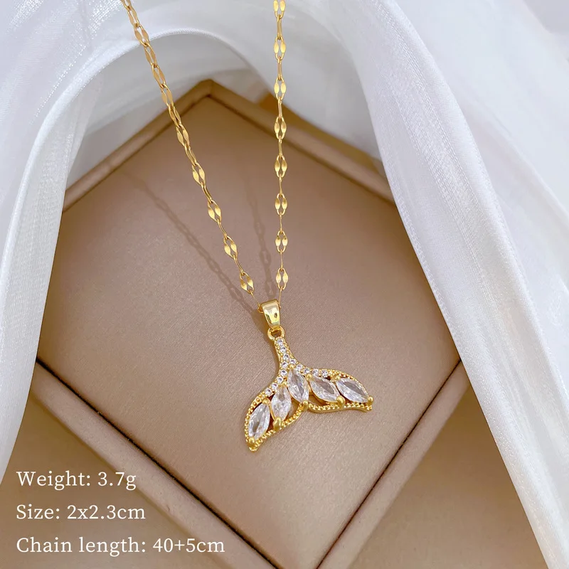 DIEYURO 316L Stainless Steel Fashion Golden Mermaid Tail Inlaid Crystal Pendant Necklace Girl New Clavicle Chain Jewelry Gift