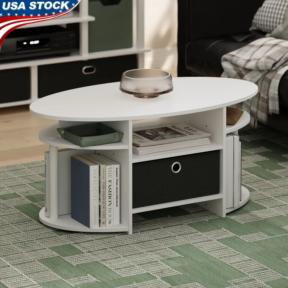

Oval Coffee Table with Storage Bin Minimalist Design Durable Composite Wood Easy Assembly Indoor Furniture