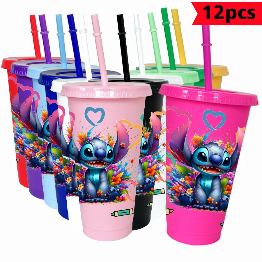 

12 шт./упак. Disney Stitch цветочный 26 унций цветной пластиковый стакан для дня рождения, питьевая посуда, кружка для сока, кофе