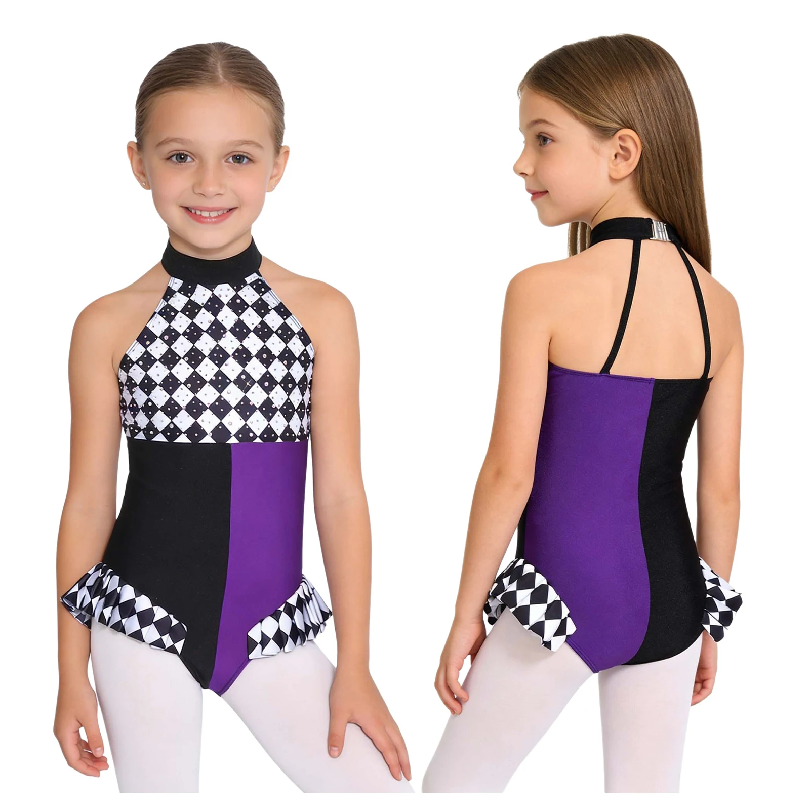 

Girls Circus Clown Racer Mad Hat Cosplay Costume Contrast Color Bodysuit Gymnastics Ballet Dance Leotard for Halloween Carnival