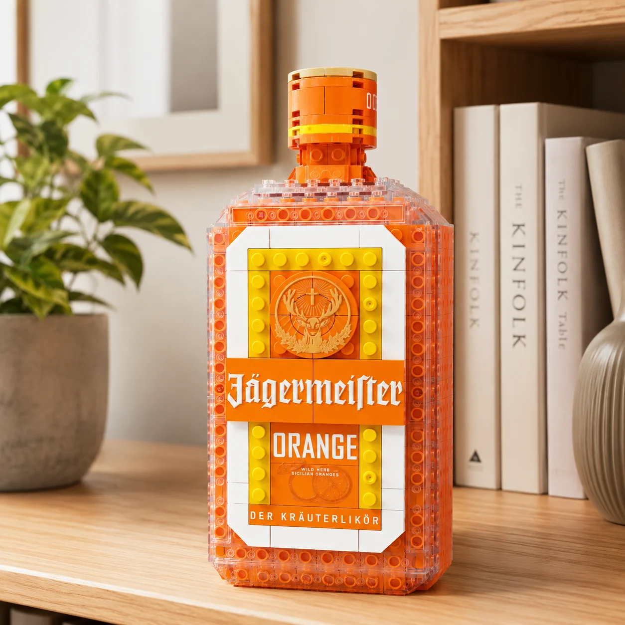 Orange Jagermeister Liquor Bottle Building Blocks, Bar Themed Transparent Brick Display Ornament