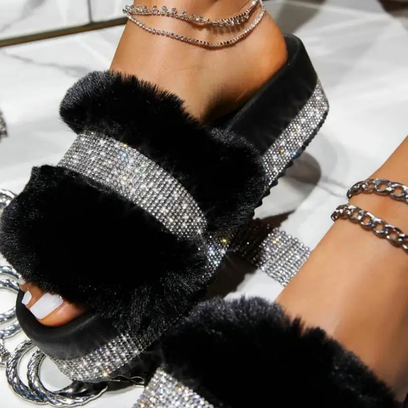 Luxury Designer Women Fur Rhinestone Slippers Platform Wedges Heel Solid Fluffy Furry Slides Outside Sexy Shoes Ladies