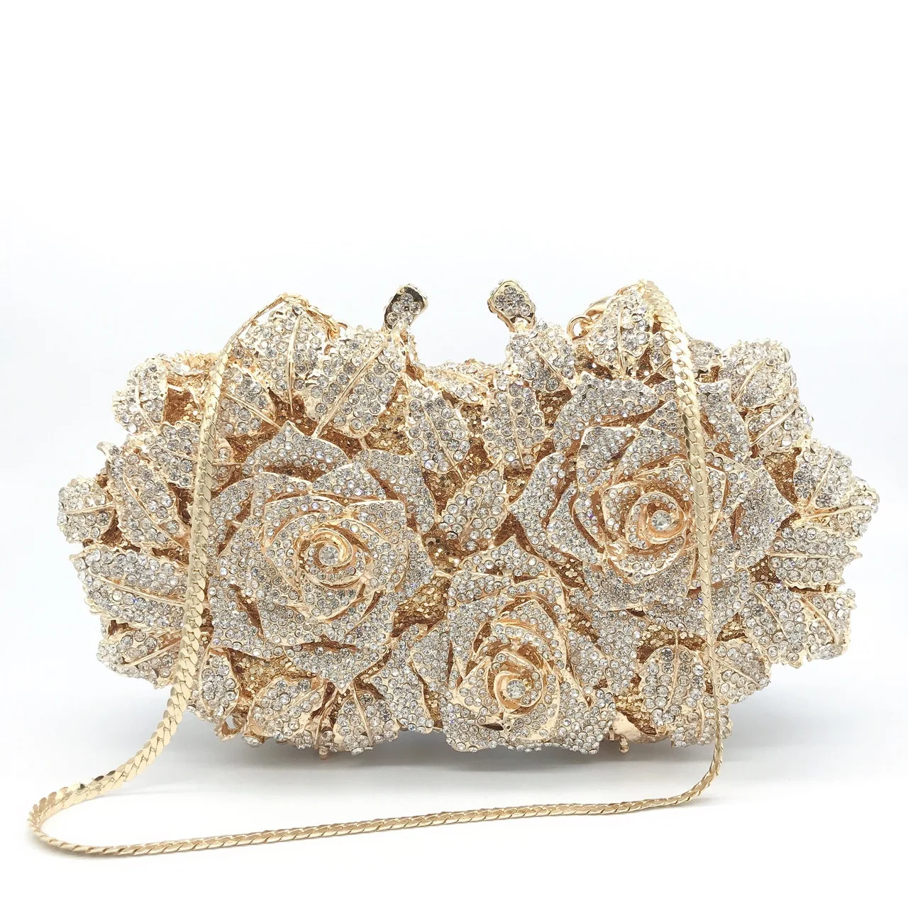 

Rose Flower Evening Clutch Bag Hollow Out Gold Metal Bags For Women Purse And Diamond Handbags Female Rhinestone Cocktail Clutch