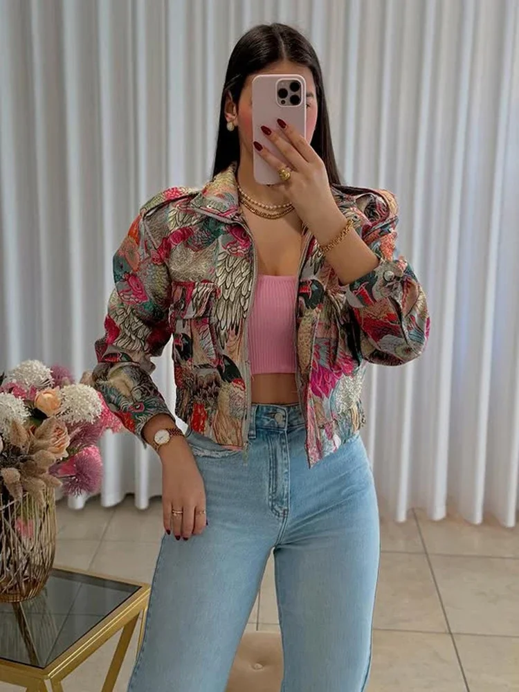 

Винтажные короткие куртки на молнии с лацканами и принтом, женские куртки с длинными рукавами и карманами на эластичной талии, осенняя женская уличная верхняя одежда