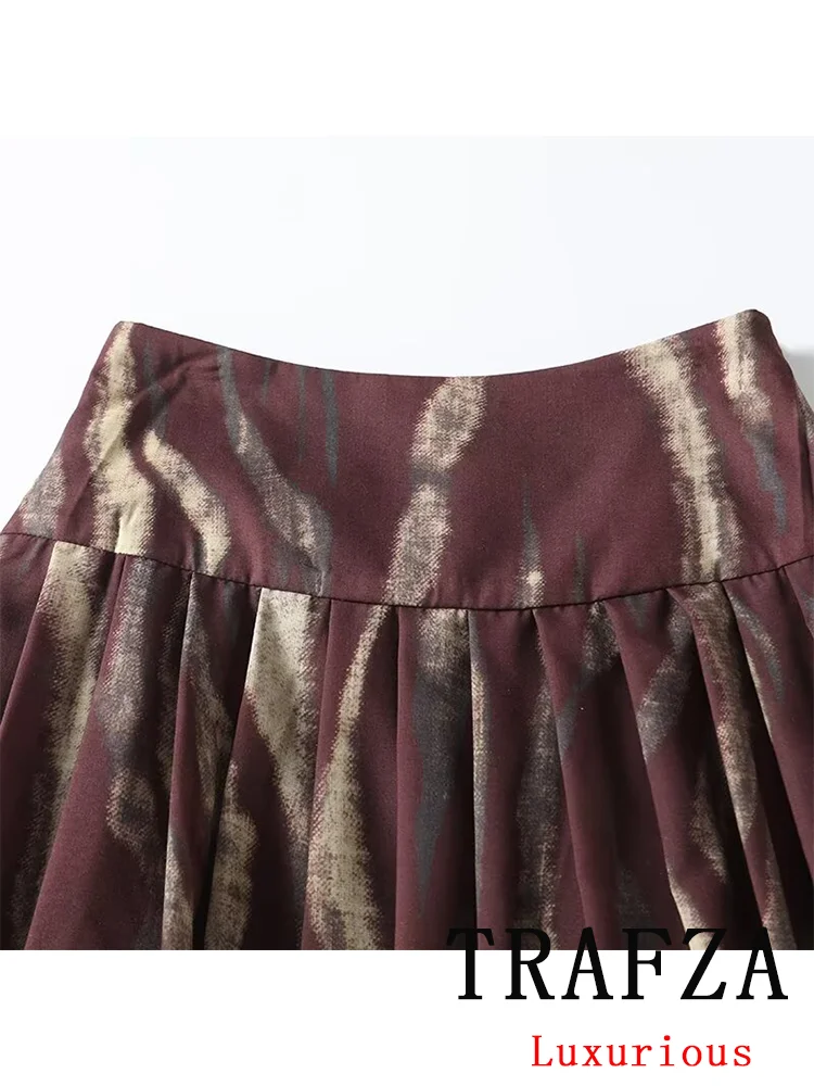 TRAFZA Vintage Casual Chic Women Skirt Print Tie Dye Print Pleated Side Zip Long Skirt Fashion 2025 Spring Summer Elegant Skirts