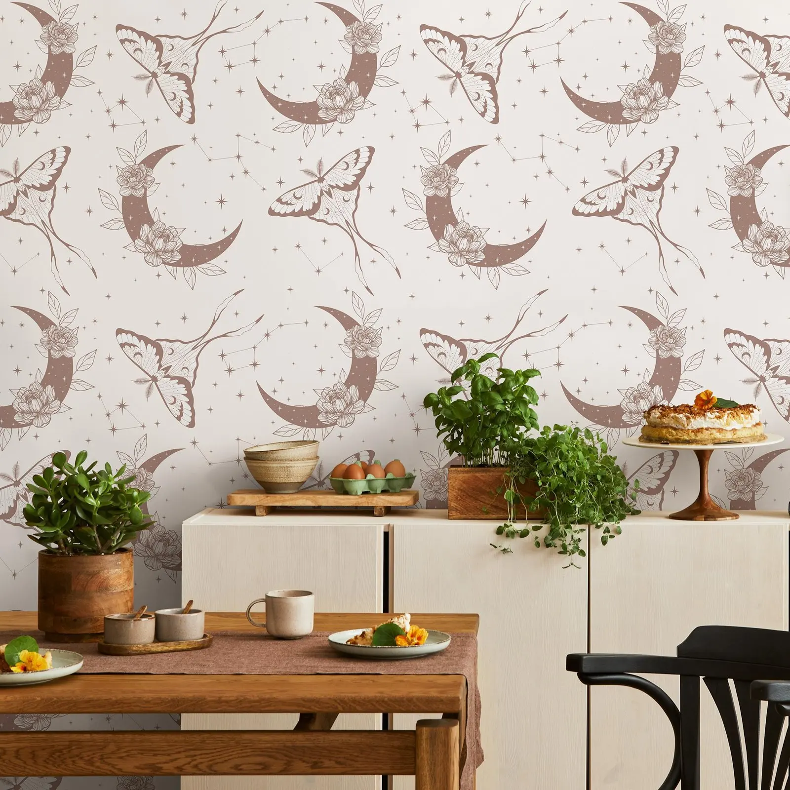 Celestial Wallpaper Peel and Stick,Boho Moon & Moth Print Wall Mural,Mystical Home Decoration,Self-adhesive Or Traditional Paper