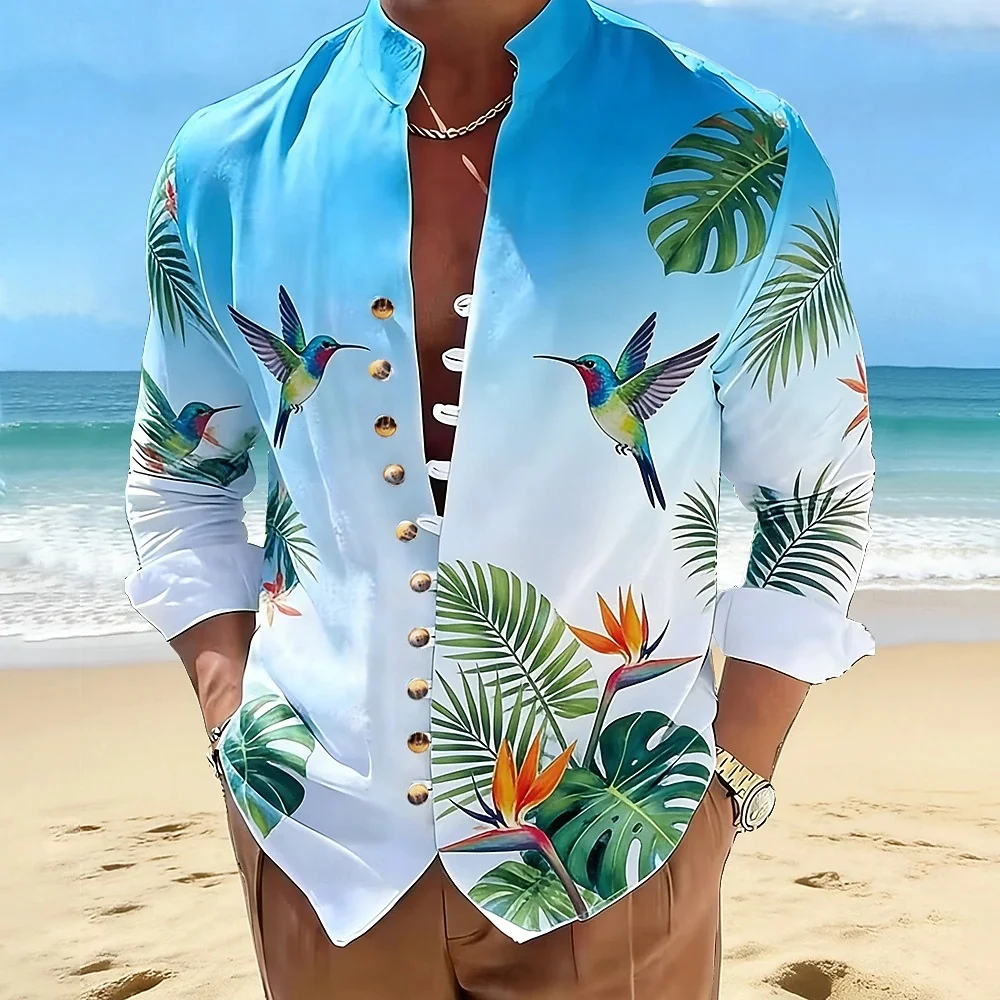 New Men's Parrot Print Pattern Long Sleeved Button Up Cardigan Shirt, Hawaii Beach Casual and Comfortable Men's Clothing