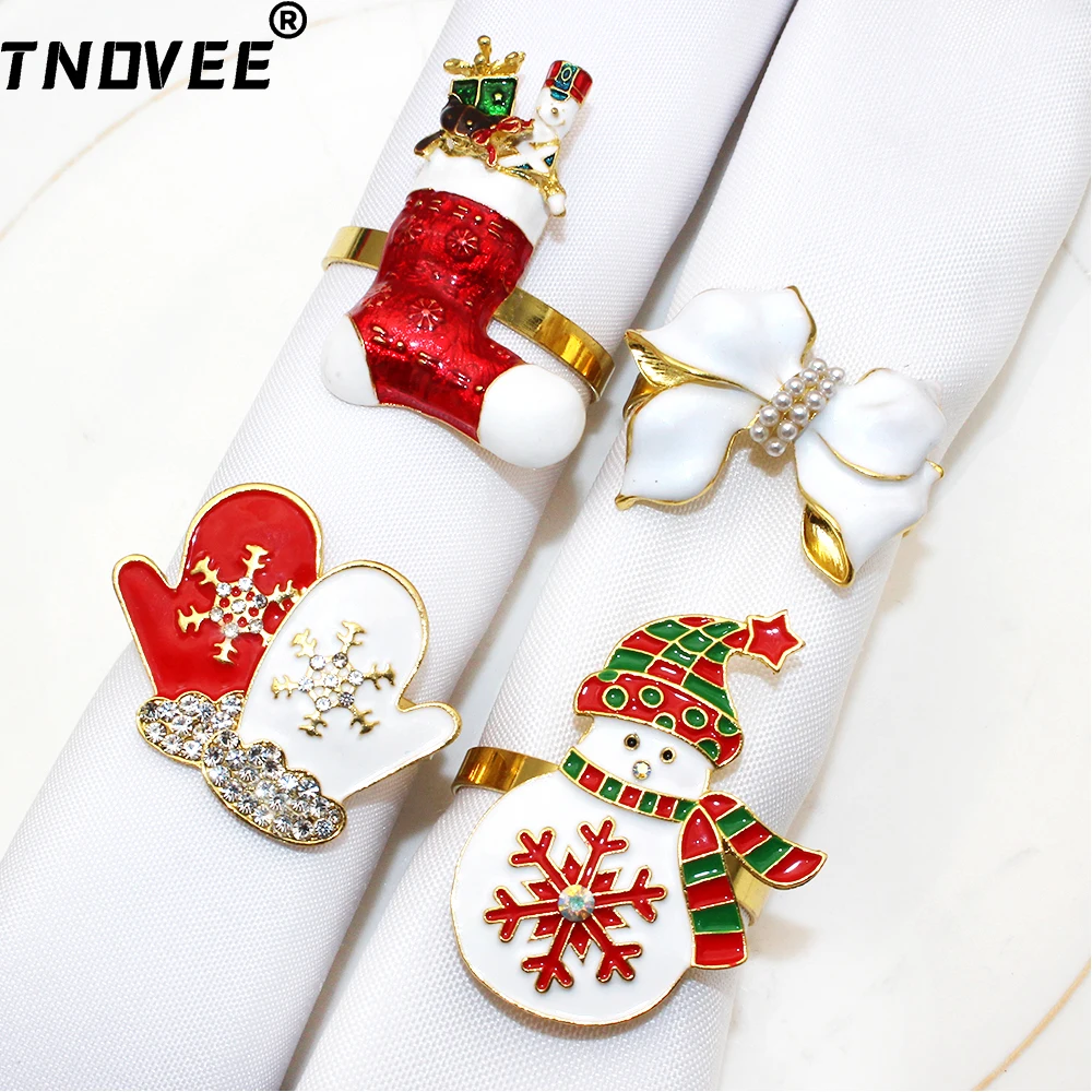 4Pcs Christmas Napkin Rings Set Bow Napkin Buckle Snowman Napkin Holder for Christmas Wedding Party Home Dinner Table Decoration