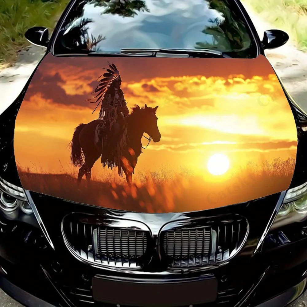 

Vibrant Sunset Indian Rider PVC Car Vinyl Wraps, Self-Adhesive Waterproof Car Hood Decal Sticker, Car Decoration Protection Stic
