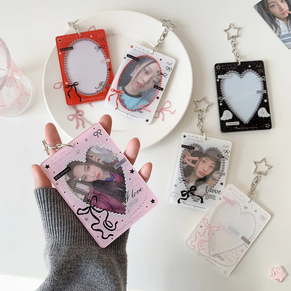 INS Hollow Heart Pendant 3 Inch Card Holder, Kawaii Photocard Display Case, Student ID Card Protector for Girls Fans Collection