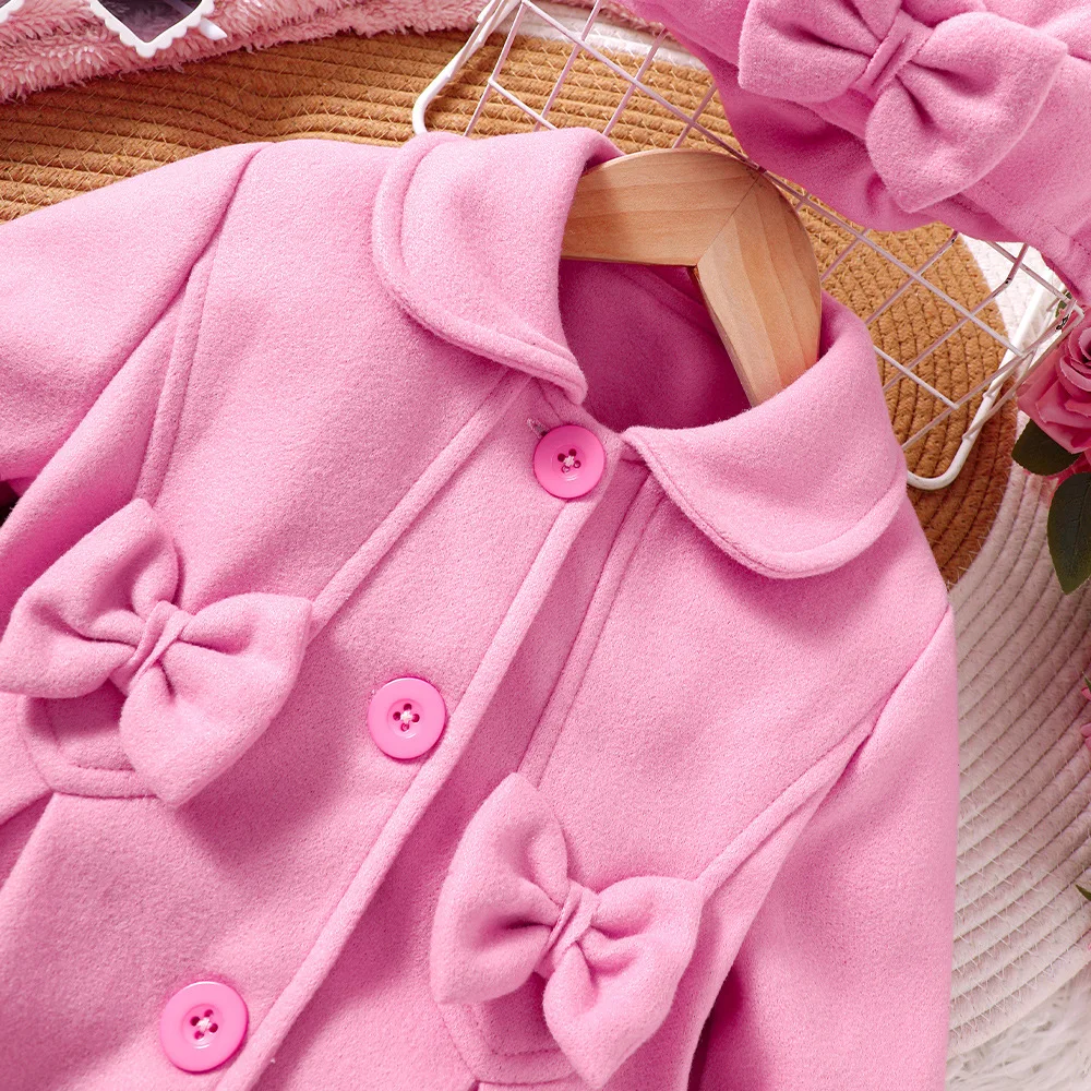 2024 Winter New Girls Long Sleeve Turn-down Collar Bow Pink Cute Designer Girls Princess Dress Vestido 2-7T