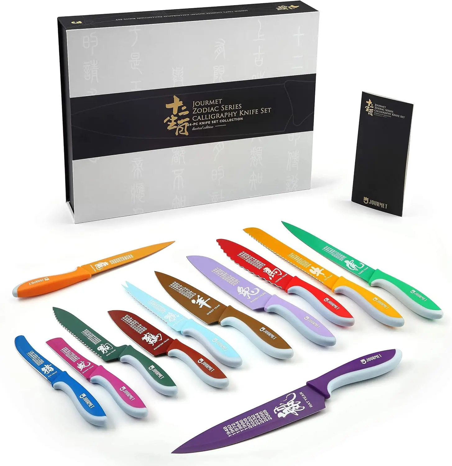 24PC Chinese Zodiac Knife Set, Premium Stainless Steel Kitchen Knives with Protector, Sharp Colored Knife Set