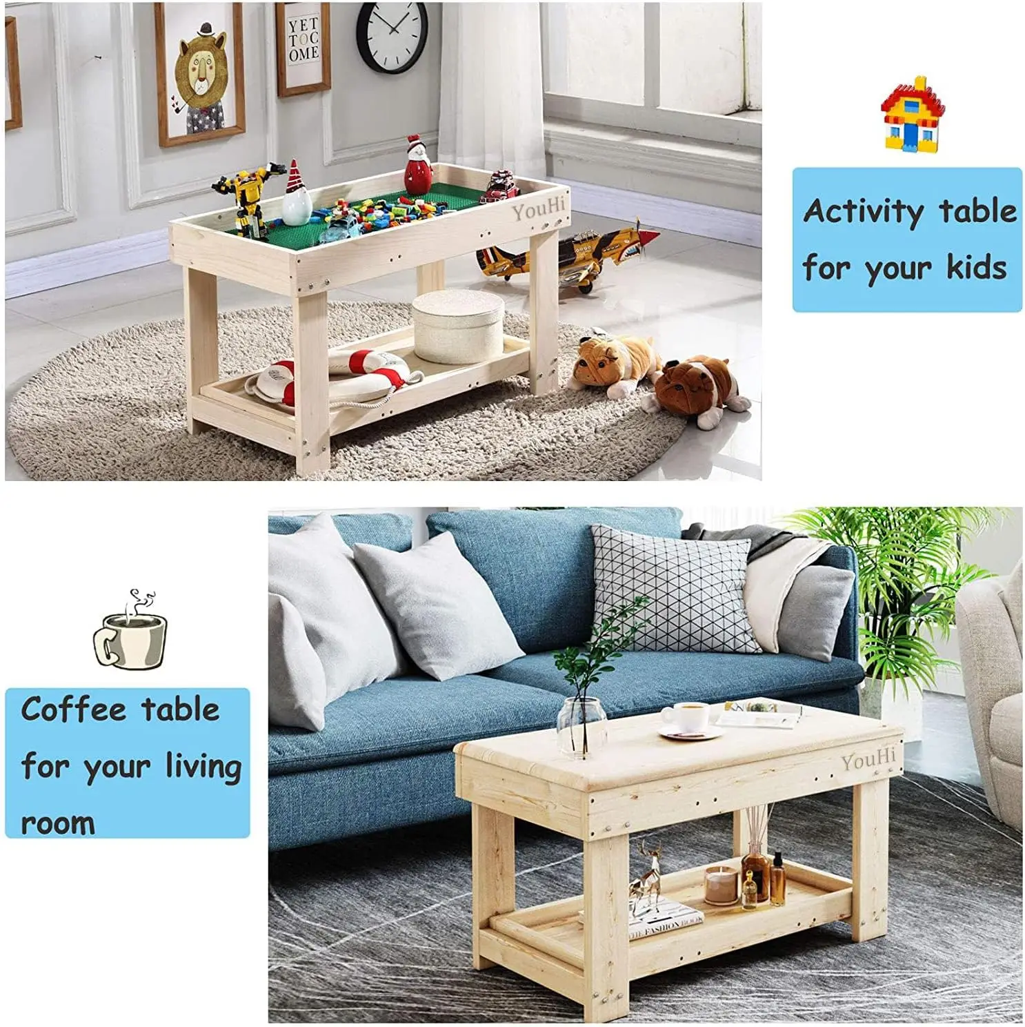 Kids Activity Table with Board and Storage for Bricks Activity Play Table (Wood Color)