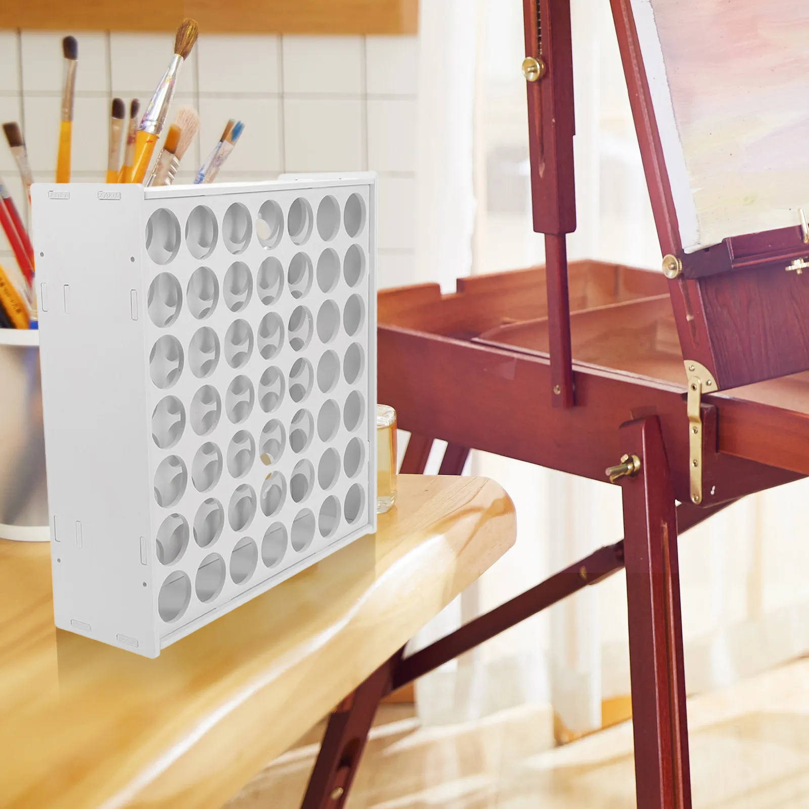 Wooden Paint Rack Storage Stand 49 Slots Ladder Design Pigment Holder Home Ink Bottle Storage Organizing Rack Desktop
