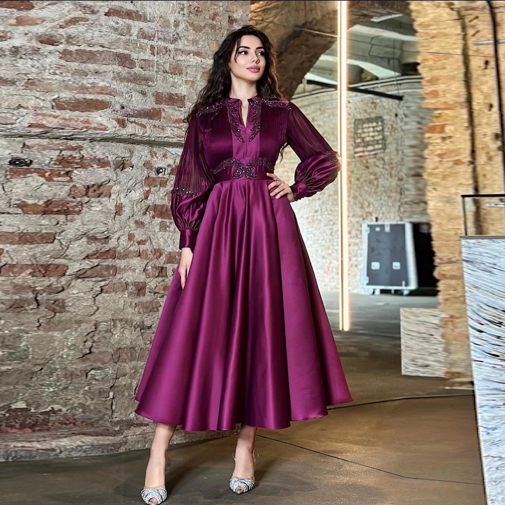 

Welove Purple V Neck Prom Dresses with Beading A Line Formal Occasions Dress Lantern Sleeves Tea Length 2023 Haute Couture