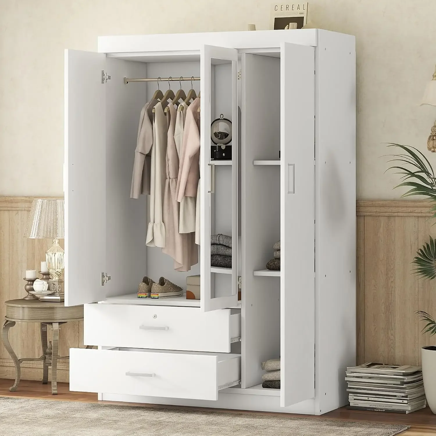 3 Doors Wardrobe Armoire Closet with Mirror, 68.2