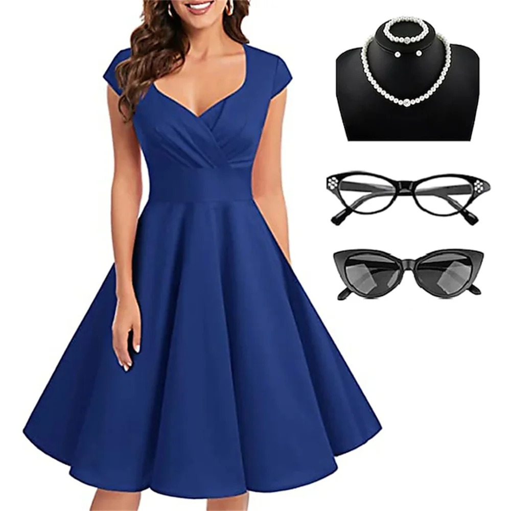 

solid 1950s Rockabilly A-Line Flared Dress with necklace glasses Hepburn style Women Cosplay Costume Party Halloween Dresses