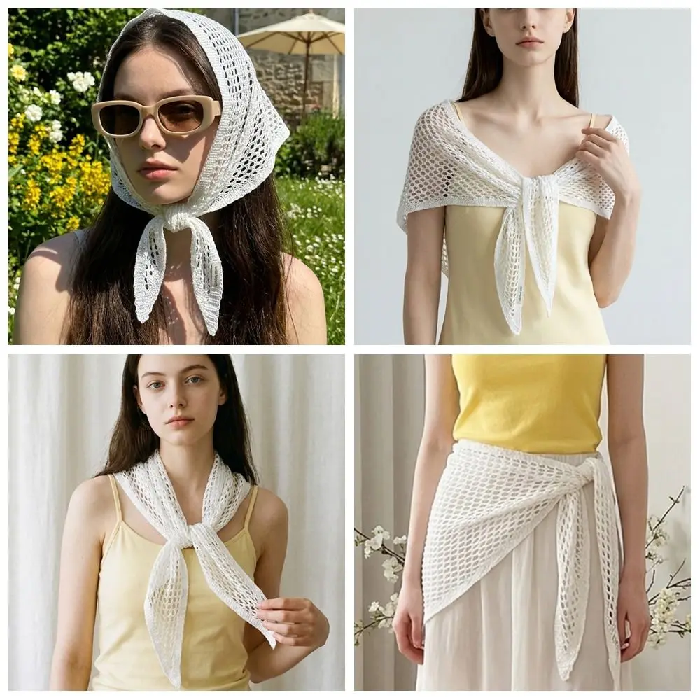 

Simple Solid Color Triangular Shawl Y2K Bohemian Silk Scarf Headband Neckerchief Knitted Hollow Out Scarf Vacation