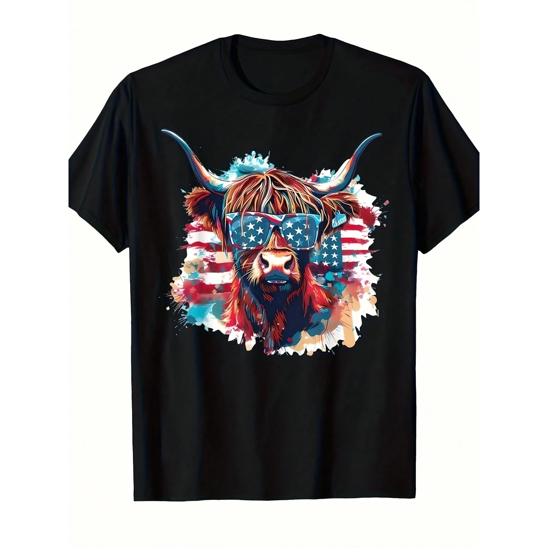 Funny Highland Cow T-Shirt with American Flag for 4Th of July, Suitable for Both Men And Women. Summer Short-Sleeve Shirt Features a Pure Fabric, Crew Neck, And Regular Fit.For Everyday Wear And Celebration