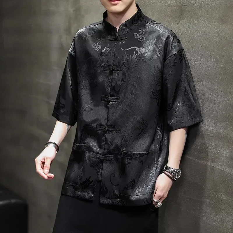 High Quality Summer Chinese Traditional Dress Dragon Embroidery Shirt Men Clothing Ice Silk Half Sleeve Vintage Tops Plus Size