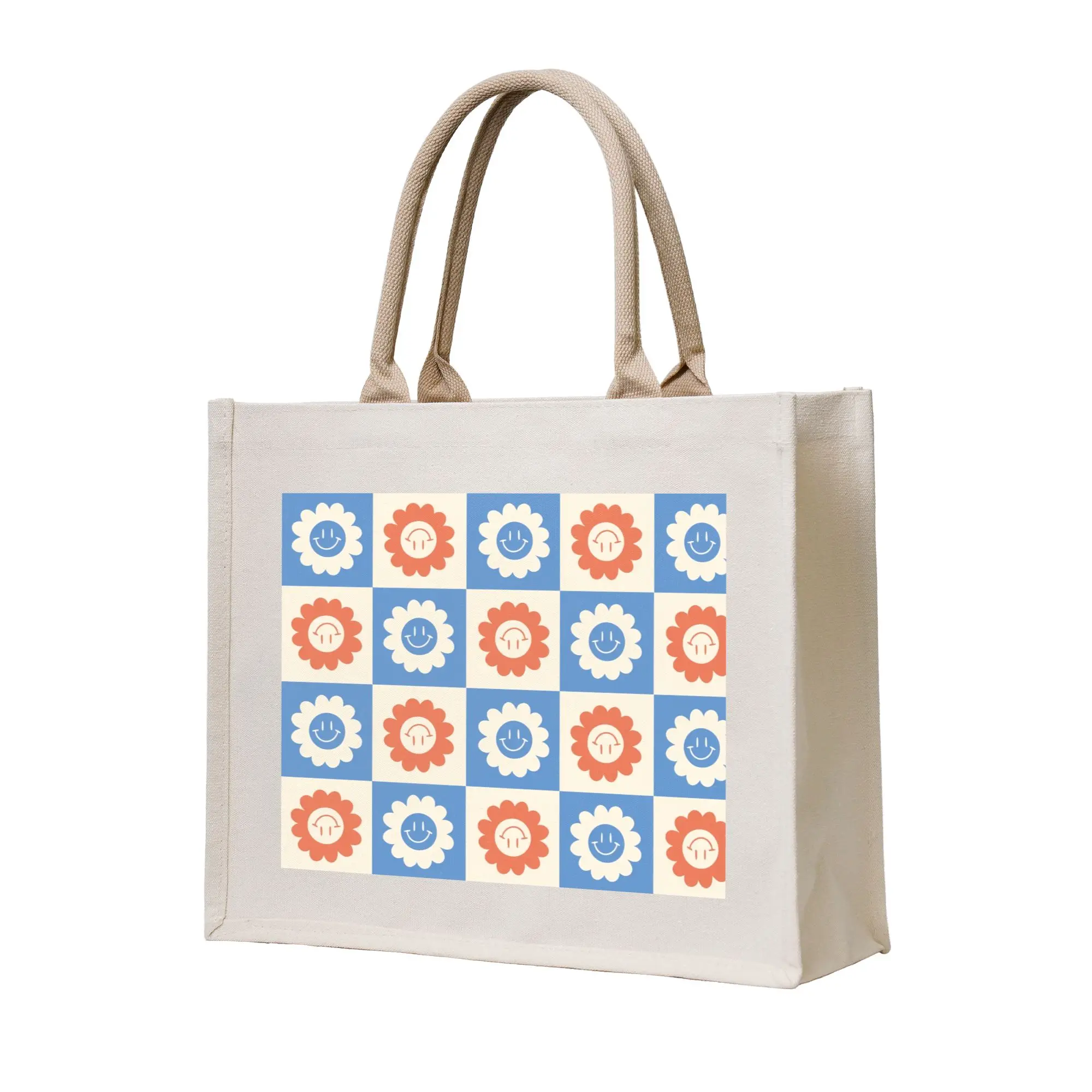 Custom Checkered Daisies Happy Face  Shopping Bag Women Portable Big Capacity Groceries Groovy Flowers  Tote Shopper Bags
