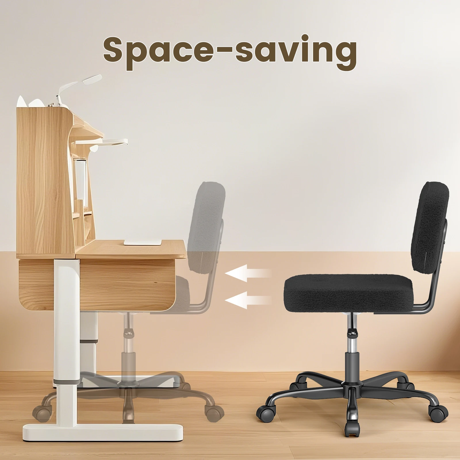 Cadeira de escritório sem braços com assento largo, cadeira de mesa para computador doméstico, almofada espessada, couro pu, giratória, estofada