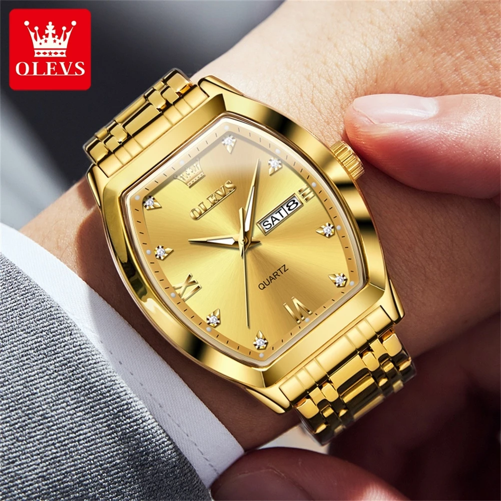 OLEVS Tonneau Design Dial Men\'s Watches Gold Business Wristwatch Top Brand Waterproof Luminous Quartz Watch for Men Original