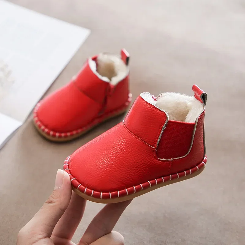 Botas de nieve para niños y niñas, zapatos impermeables de piel auténtica, de felpa, fondo suave, cálidos, de invierno