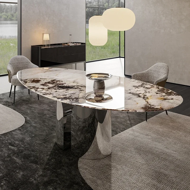 

Light luxury marble dining table Pandora natural luxury stone dining table water drop special shape