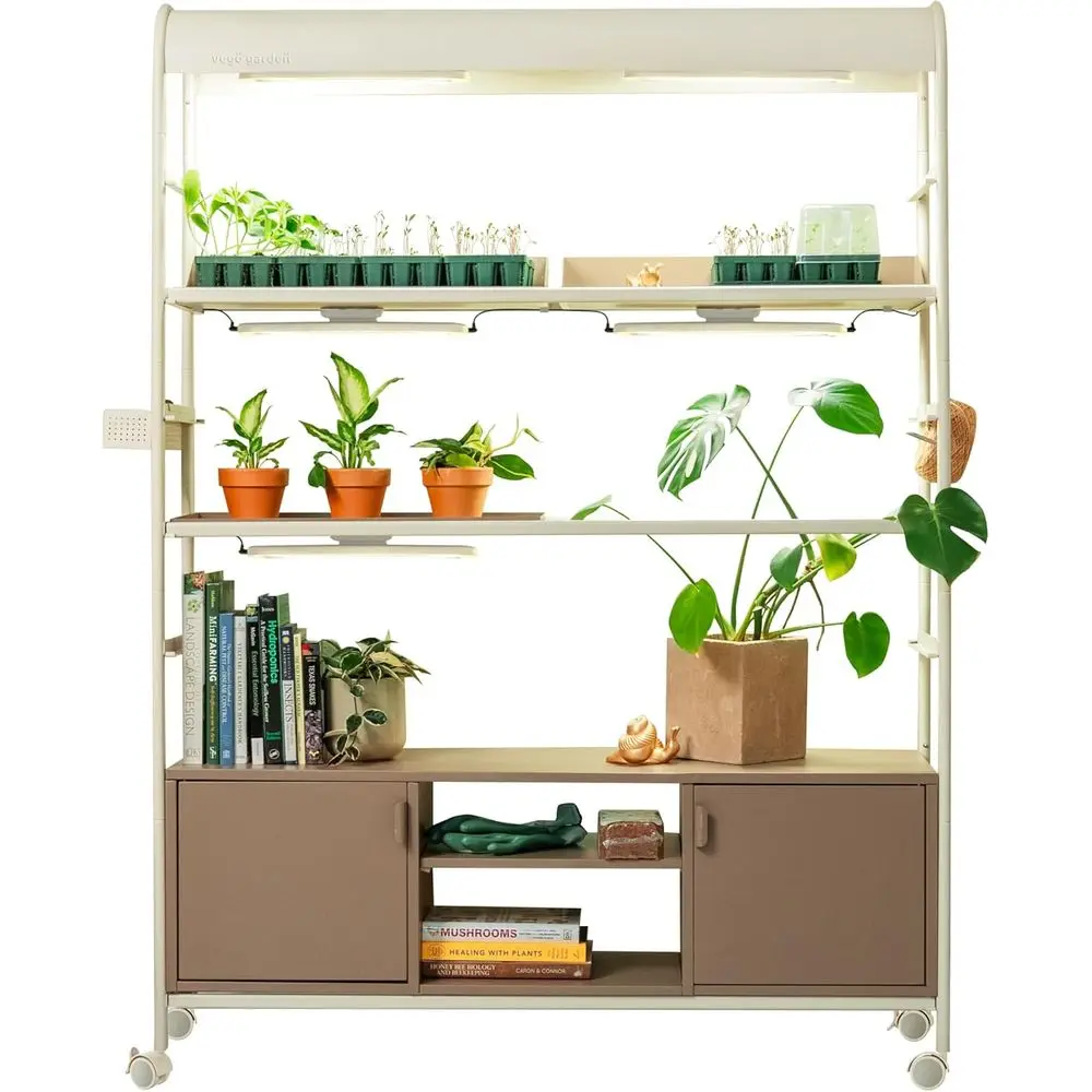 

4-ярусная металлическая подставка для растений на колесиках с LED-подсветкой, полками для хранения и демонстрации трав, фруктов и микрозелени