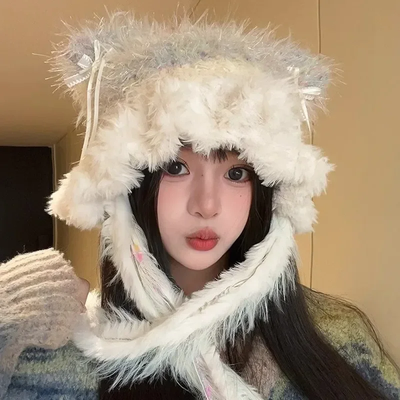 Y2K Autumn Winter Travel Warm Versatile Sweet Ruffle Edge Plush Women's Hats Ins Mixed Color Tassel Braid Knitted Beanies Cap