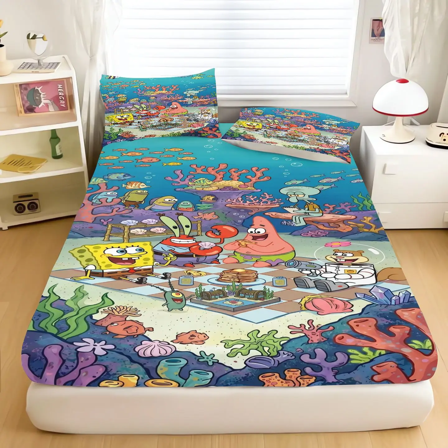 Cartoon SpongeBob Bed Sheet Set, Pink Fitted Sheet With Pillowcase, Anime Character Bedding Set, Mattress Cover For Bedroom view 6