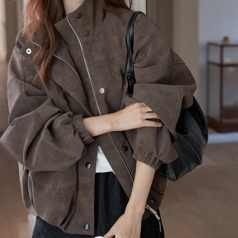 Retro Matte Suede Women Jacket Stand Collar Zip Up Oversized Coat Drop Shoulder Pockets Elastic Hem Y2K Grunge Streetwear Top