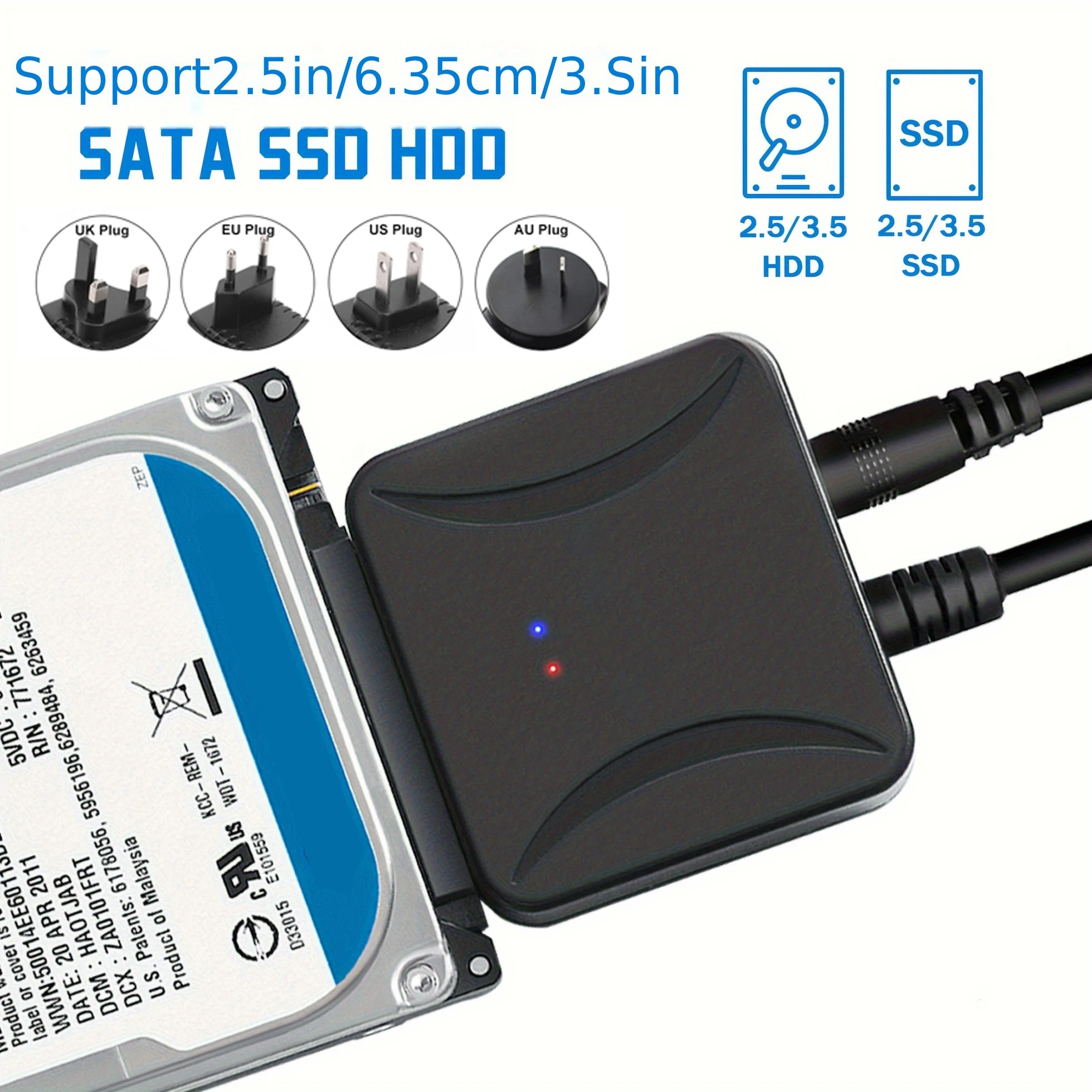 Cabo SATA para USB 3.0, Adaptador de Disco Rígido SATA III com Velocidade de até 6 Gbps para HDD/SSD de 2.5 e 3.5 Polegadas com Alimentação de 12V/2A SATA