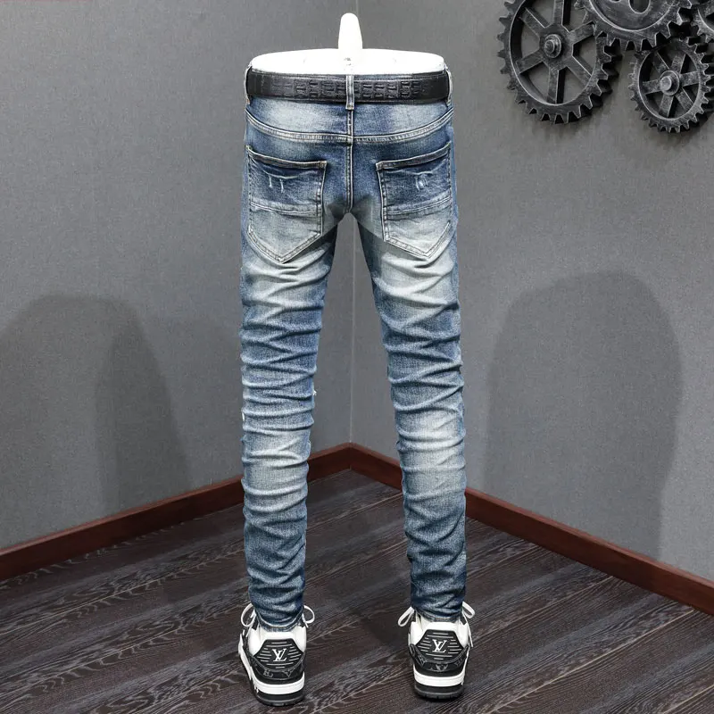 Designer street fashion boutique men's light blue jeans elastic tight fitting patchwork patch jeans men's designer hip-hop brand