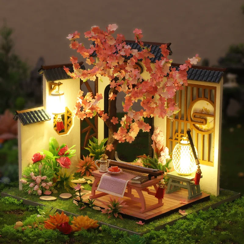 

Doll Houses Chinese Style Retro Building Study Room Model Wooden Casa Dollhouse Kit Miniature with Furniture Desktop Ornament