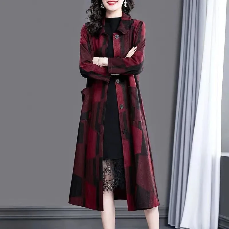High End Autumn Mid-Length Windbreaker Women Fashion Large Size Print Trench Coat Middle Aged Mother Temperament Overcoat 5XL