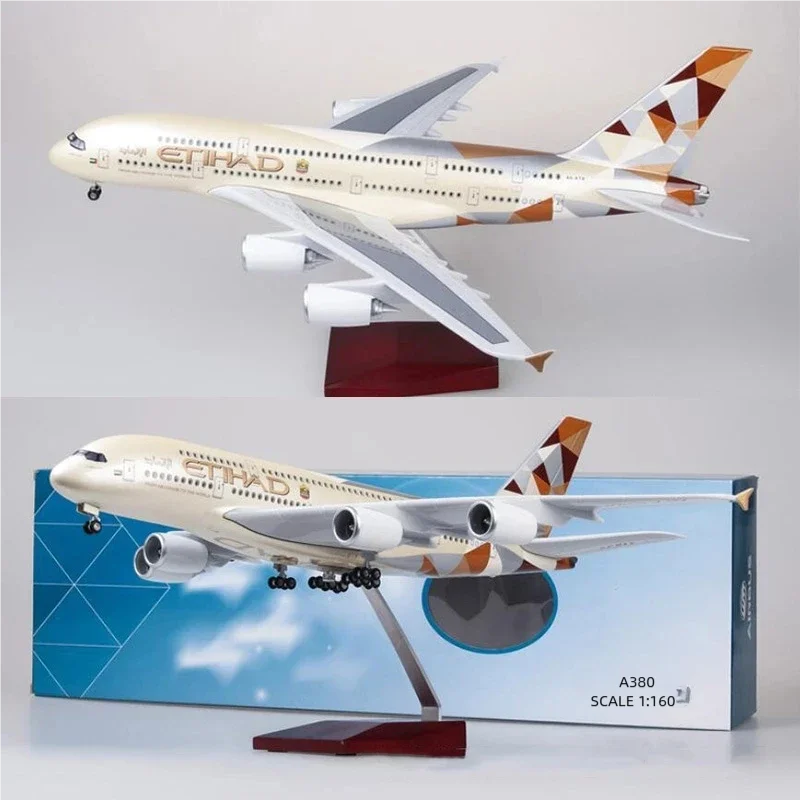 46cm 1/160 Scale Aircraft A380 Etihad Airways Plane Model Diecast Resin Plane With LED Collection Display Business Or Birthday