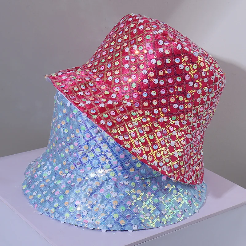 Women's Bling Sequin Bucket Hat Flat Top Bob Cap Hip Hop Street Dance Party Club Style Sunshade Fashion Sun Hat
