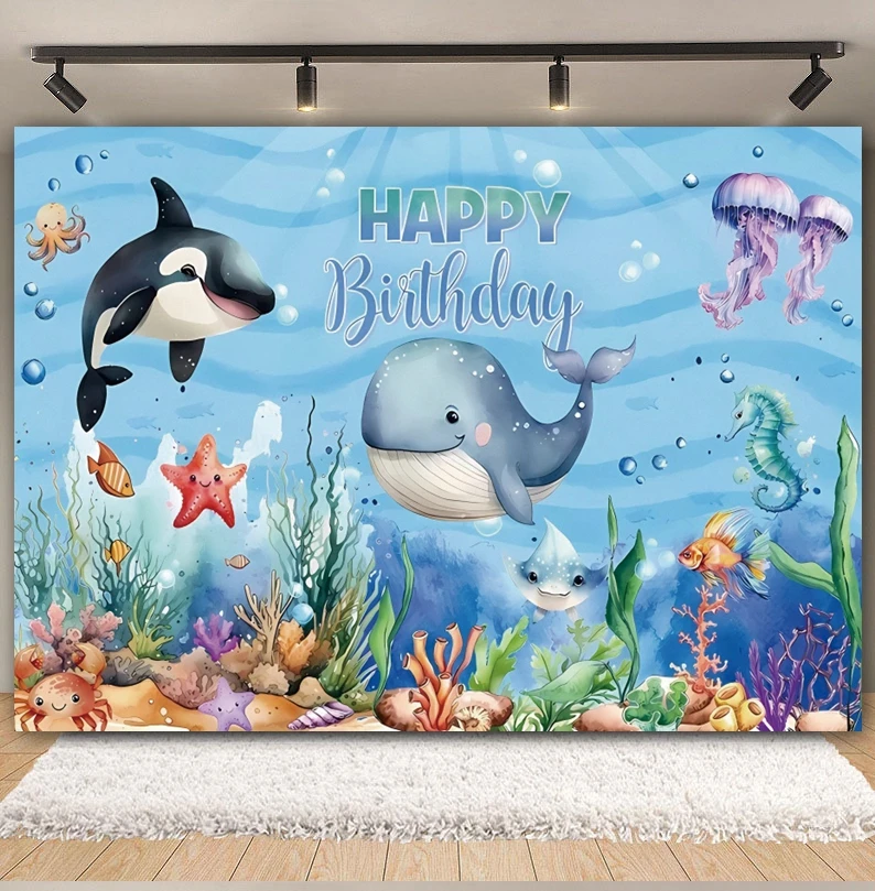 Underwater World Birthday Photography Backdrop Ocean Fish Shark Dolphin Whale Under The Sea Baby Birthday Party Photo Background