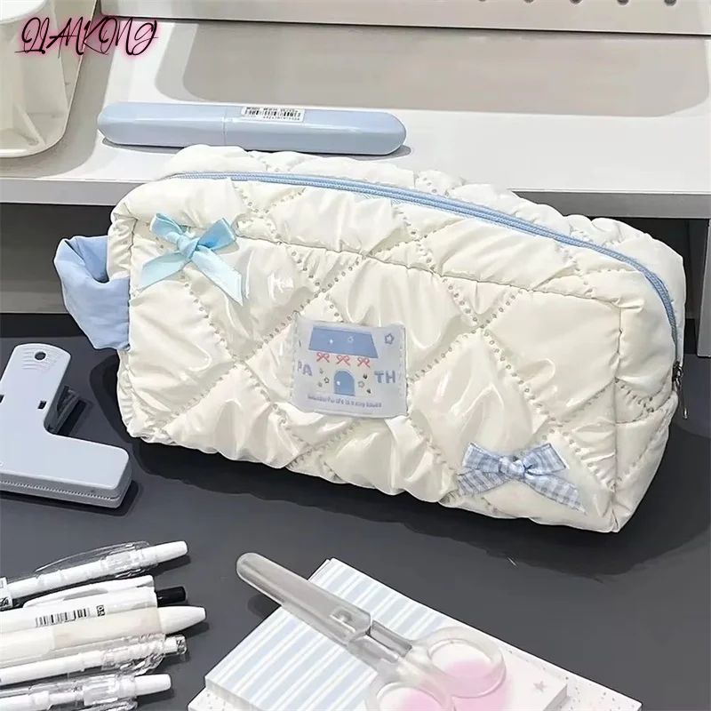 

Blue White Bow Pencil Bag Large Capacity Stationery Bag Travel Storage Bag Women'S Cosmetic Bags Cute Design Girls Pencil Case