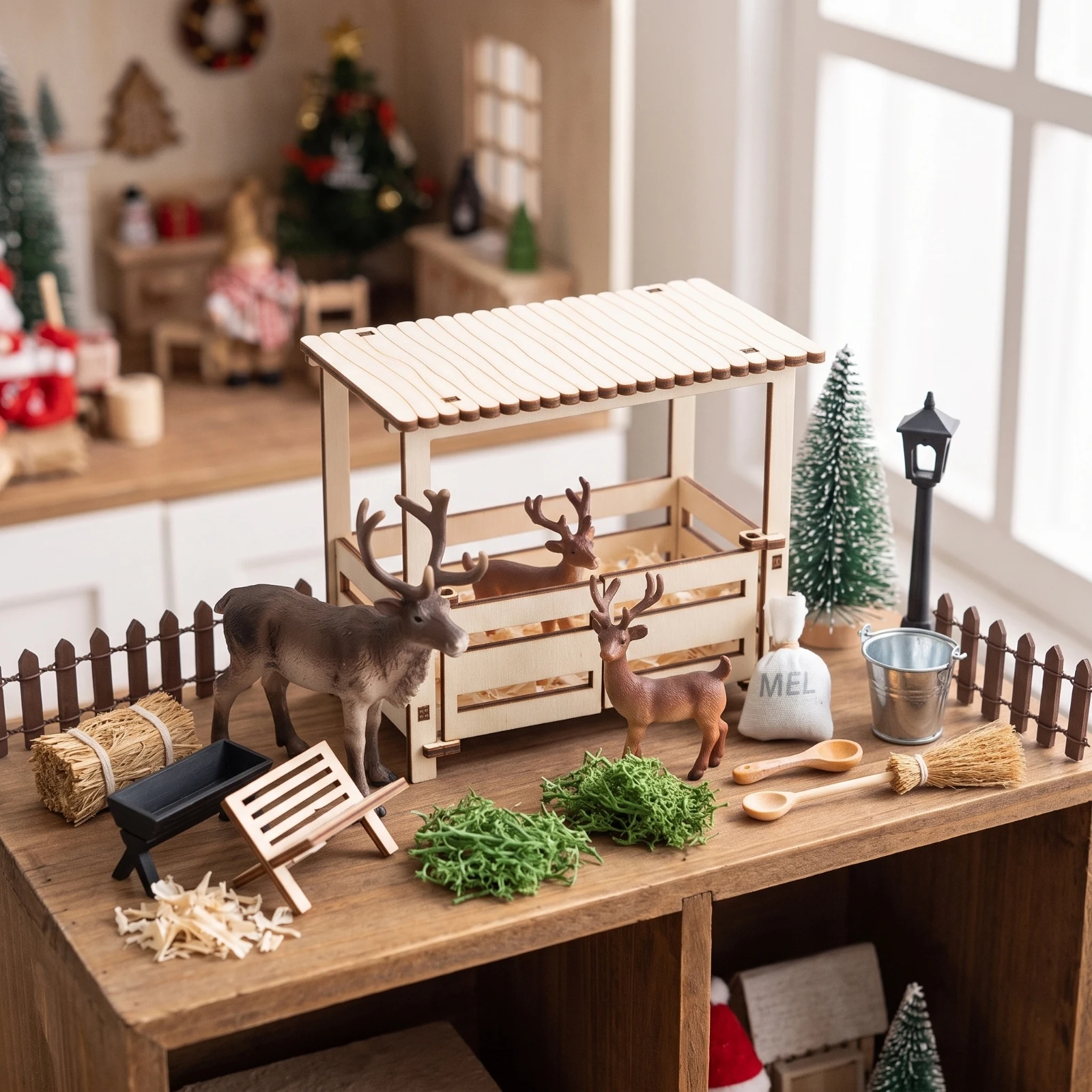 Miniature Stable with Deer Rustic Dollhouse Stable Diorama Barn Small-Scale Tabletop for Hobbyists, Christmas Village