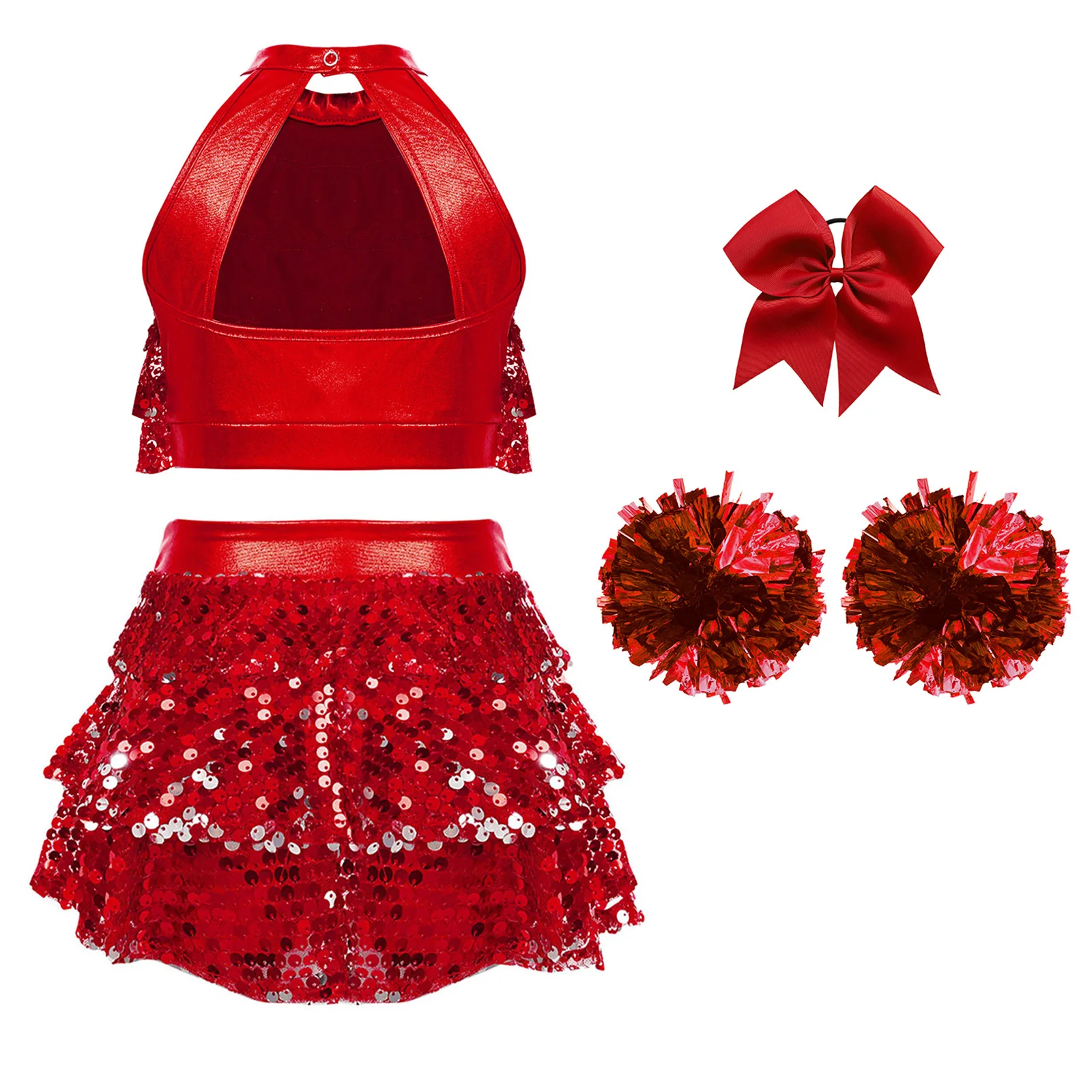 Girls Cheerleading Costumes Shiny Sequin Jazz Dancewear Sleeveless Crop Top with Ruffled Culottes Headwear Flower Balls Outfits