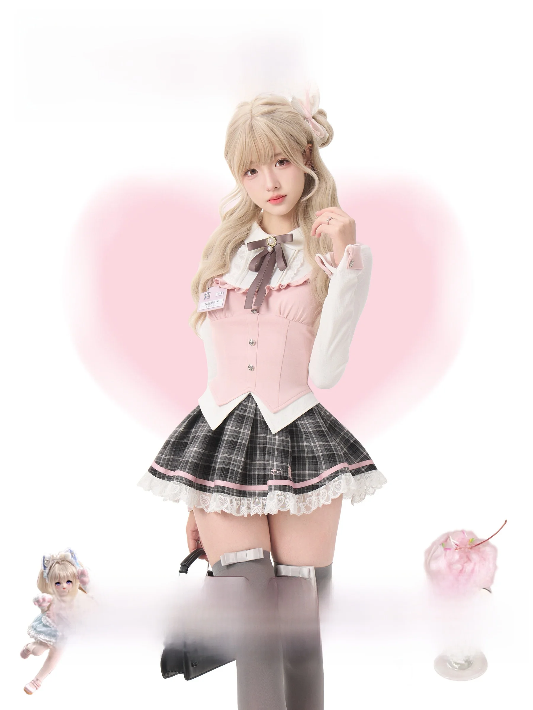 

Preppy Style Fake Two-Piece Shirt with Bow Tie And Plaid Skirt School Uniform for Girls Long Sleeve Doll Collar Spring Fashion