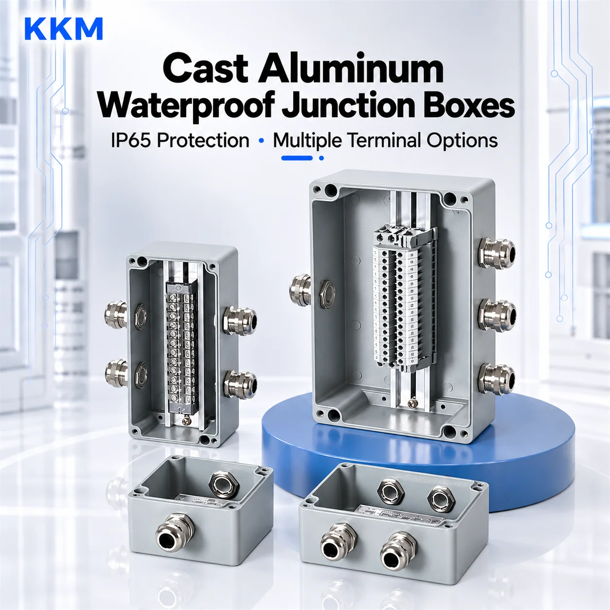 KKM Wiring Terminal Box with Cable Glands Cast Aluminium Outdoor Indoor Wire Junction Box Electric Enclosure Case UK Waterproof
