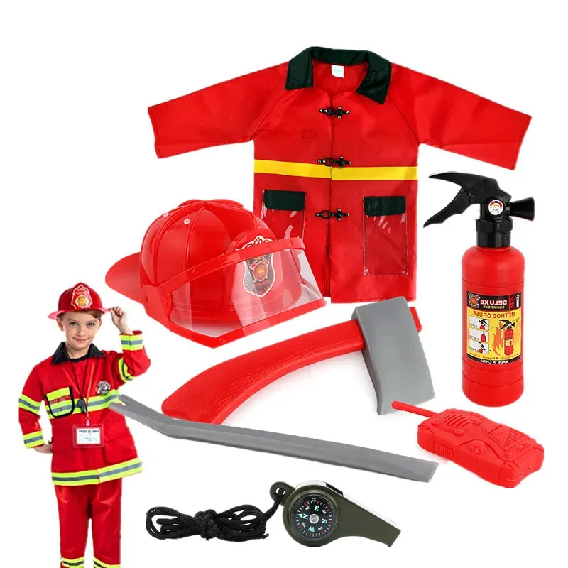 

Firefighter Costumes Children Firefighting Hero Tools Costume Halloween Cosplay Career Suit Children Holiday Water Gun Gifts