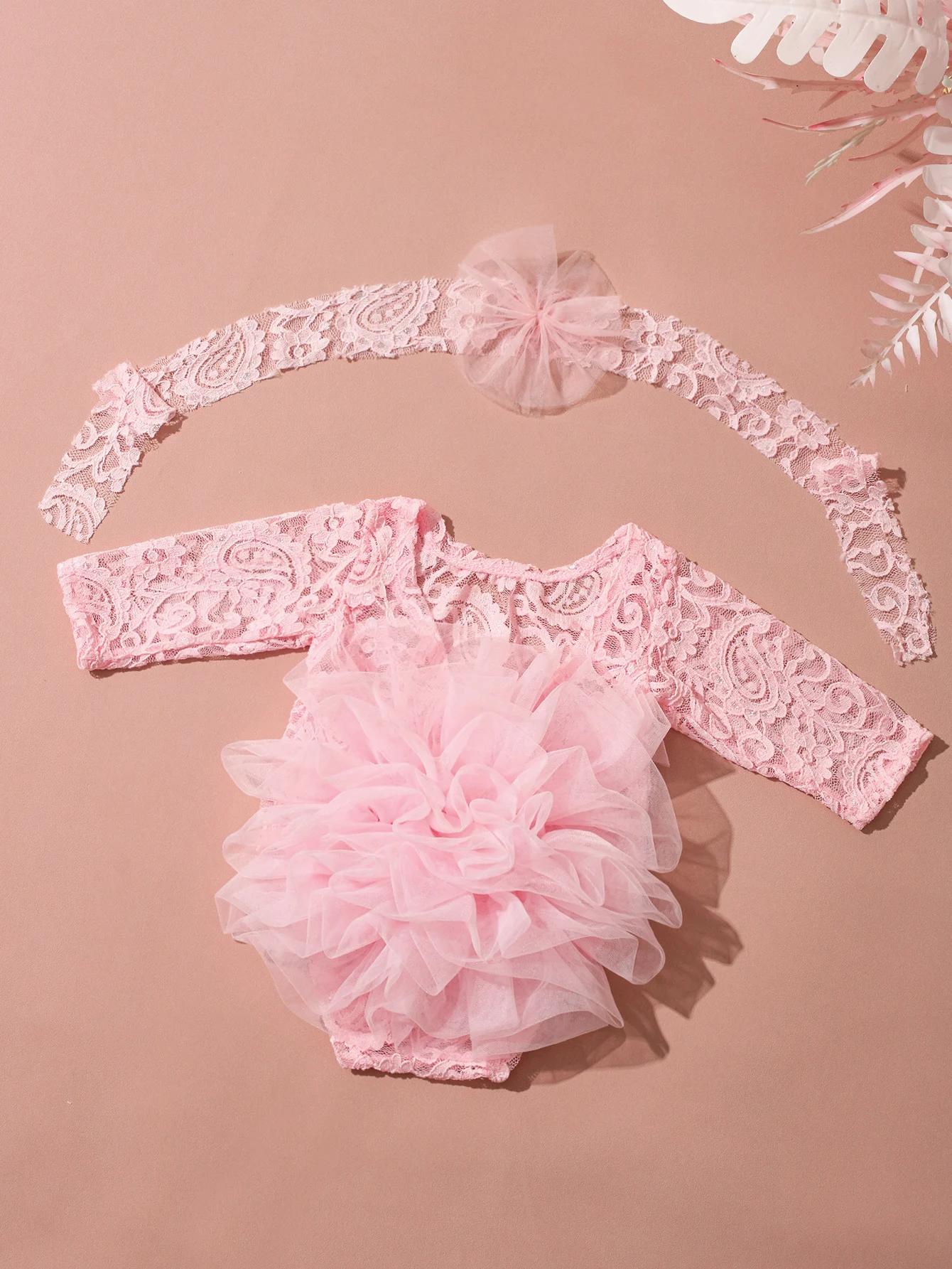 Ylsteed 2-teiliges Set, staubiger rosa Spitzen-Strampler für Neugeborene für Fotoshootings, flauschige Mesh-Spitzen-Fotografie-Outfits mit Stirnband – Detail 30
