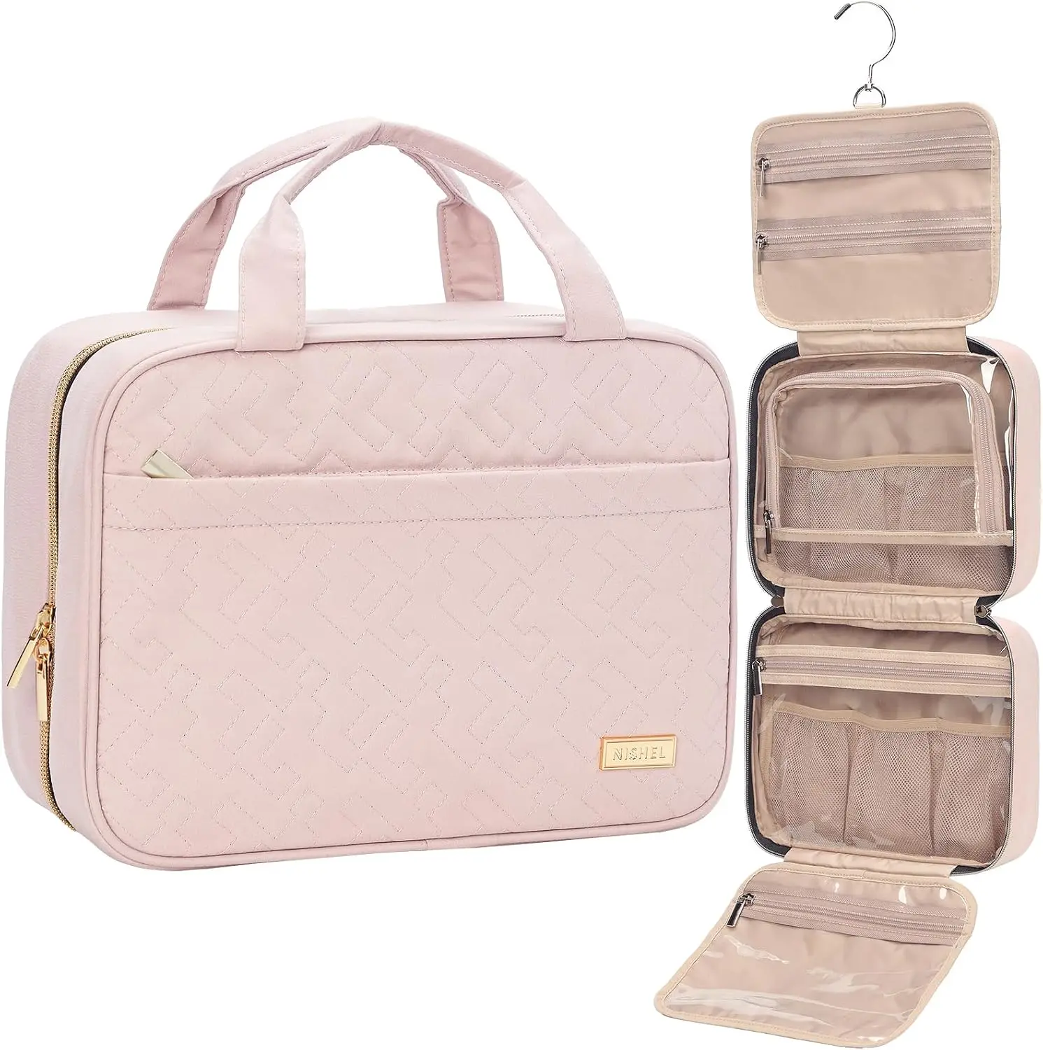 Travel Toiletry Bag for Women Pink Portable Hanging Makeup Organizer for Travel-Sized Shampoo Brushes Set Makeup Accessories